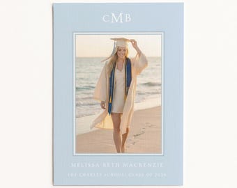 Editable Monogram Graduation Invitation, Photo Grad Party Invite, Classic Blue Elegant (5x7 Canva Template)