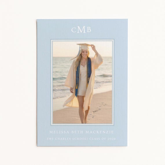 Editable Monogram Graduation Invitation, Photo Grad Party Invite, Classic Blue Elegant (5x7 Canva Template)