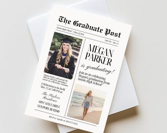 Graduation Newspaper Invite Template, Class of 2026 Photo Announcement, Evite (Digital Download)