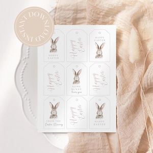 Easter Bunny Printable Tags, Neutral Beige Gift Tags, Easter Basket Decor, Easter Party Tags, Bunny Tags, Instant Download,Hoppy Easter Tags
