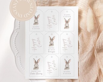 May include: Printable Easter gift tags featuring a watercolor illustration of a bunny rabbit with the text "Happy Easter", "Hoppy Easter", "Some bunny loves you", and "From the Easter Bunny".
