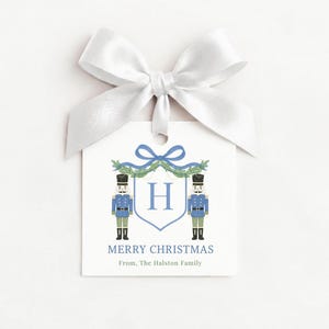 Nutcracker Blue Christmas Gift Tag Template: Monogram Crest, Editable Canva (Digital Download)