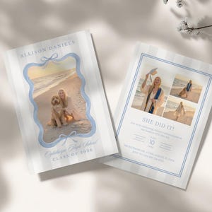 May include: Two graduation announcements with a light blue and white striped design. One features a photo of a graduate and a dog, with the text "Allison Daniels" and "Oglethorpe High School CLASS OF 2026". The other says "SHE DID IT!"
