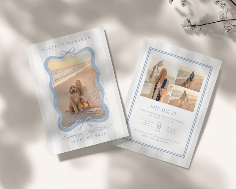 May include: Two graduation announcements with a light blue and white striped design. One features a photo of a graduate and a dog, with the text "Allison Daniels" and "Oglethorpe High School CLASS OF 2026". The other says "SHE DID IT!"