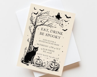 May include: A cream-colored Halloween invitation card featuring black ink illustrations of a bare tree, a black cat, two jack-o'-lanterns, bats, and a ghost. The text reads: HAPPY HALLOWEEN, EAT, DRINK BE SPOOKY, JOIN US FOR A SPOOKTACULAR BASH!, SATURDAY 7 PM 31 OCT, 13 ELM DRIVE NY, 10008, RSVP KATE 619 464 5318.