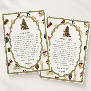 May include: Two rectangular white cards with scalloped green borders featuring a Christmas elf letter. The background pattern includes teddy bears, trains, and ornaments. The text reads Dear Ethan, I'm Jingles, your Christmas Elf, and Love your Elf, Jingles.