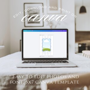May include: A laptop displaying a Canva template for a 5x7 announcement. The screen shows a blue and green design with a cloud and landscape illustration. Text on the screen reads "EDIT, DOWNLOAD AND PRINT ON canva" and "EASY TO EDIT PHOTOS AND FONT, 5X7 CANVA TEMPLATE."