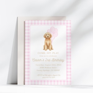 May include: A pink and white gingham-patterned invitation card with a watercolor illustration of a golden retriever puppy and pink balloons. The text reads "COME. SIT. PLAY" and details for "Ceaser's 2nd Birthday".