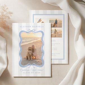 Editable graduation announcement Canva template with blue scalloped photo frame, classic bow details, and matching graduation party invite. Elegant Class of 2026 high school graduation card, senior photo announcement, printable grad invitation, and personalized graduation keepsake.