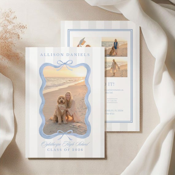 Editable Graduation Invitation, Blue Bow Photo Grad Invite, Classic Elegant Canva Template