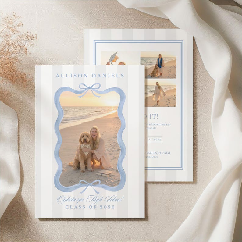 Editable graduation announcement Canva template with blue scalloped photo frame, classic bow details, and matching graduation party invite. Elegant Class of 2026 high school graduation card, senior photo announcement, printable grad invitation, and personalized graduation keepsake.