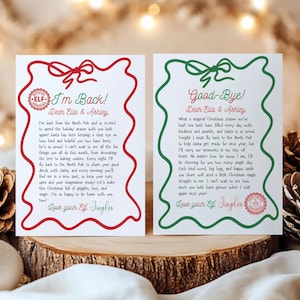 May include: Two holiday-themed cards with red and green decorative borders. The cards feature handwritten messages, one saying "I'm Back!" and the other "Good-Bye!" Both cards are addressed to "Ella & Ashley."