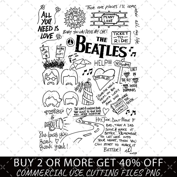 The Beatles Doodle Art Album Lyric PNG for Shirt, PNG Sublimation Download, Digital Instant