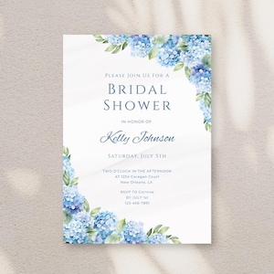 Blue Hydrangea Bridal Shower Invitation | Elegant Floral Bridal Shower Invite | Editable Template | Instant Download | Wedding Shower