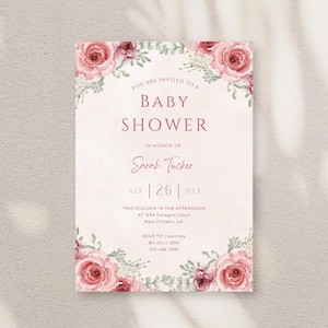 Pink Floral Baby Shower Invitation Template | Editable Canva Invite | Girl Baby Shower | Instant Download | Printable Shower Invite