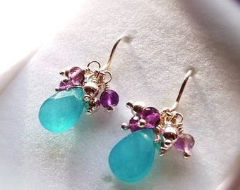 Chalcedony and Amethyst Earrings, Aqua   Gemstone Earrings, Gidts for her, Easter Gifts, Turquoise Earrings