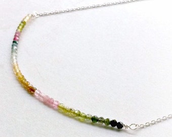 Rose Gold, Rainbow Tourmaline  Bar Necklace.