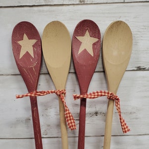Primitive Wood Spoons Crackle Painted Barn Red with Tan Stars