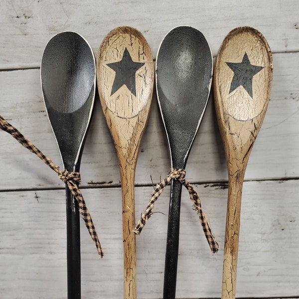 Primitive Wood Spoons Crackle Painted Tan with Black Stars, Distressed Black Set of 4