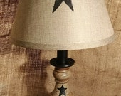 Primitive Crackle Panted Tan w Black Stars Wood Lamp Burlap Shade
