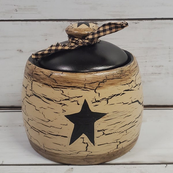 Primitive Hand Painted Crackle Tan with Prim Star Sugar Bowl, your choice of color  Country Kitchen