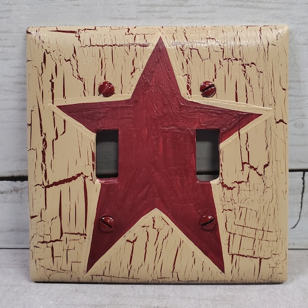 Primitive Crackle Tan with Burgundy Star Hand Painted Double Light Switch Wall Plate