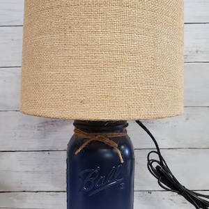 Mason Jar Lamp Navy Blue with Burlap Shade Nautical, Beach