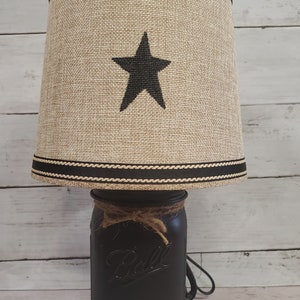 Primitive Black Mason Jar Lamp & Burlap Stripe Shade w/ Star/Housewarming Gift