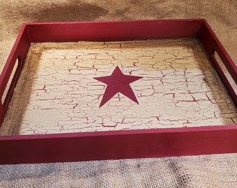 Primitive Crackle Painted Tan with Burgundy Star Wood Tray with Handles NEW! More colors available