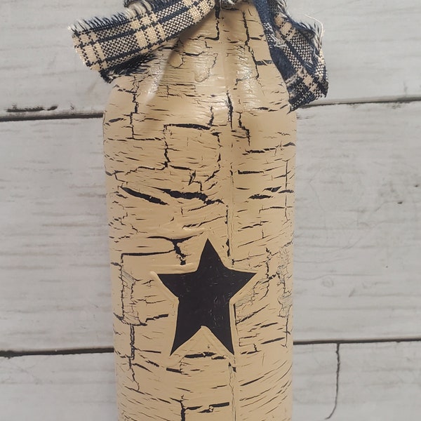 Primitive Crackle Painted Tan with Navy Blue Star Glass Bottle Vase  Country Farm Decor