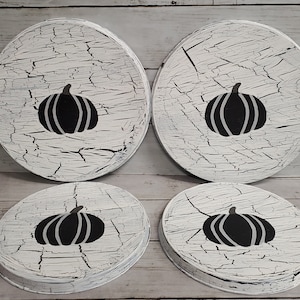 Primitive Crackle Painted Fall/Halloween Pumpkin Kitchen Stove Burner Covers Set of 4 Farmhouse White & Black