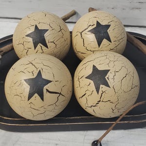 Primitive 2&quot; Wood Ball Bowl Fillers Set of 4 Crackle Painted Tan with Black Stars or Choice of Colors