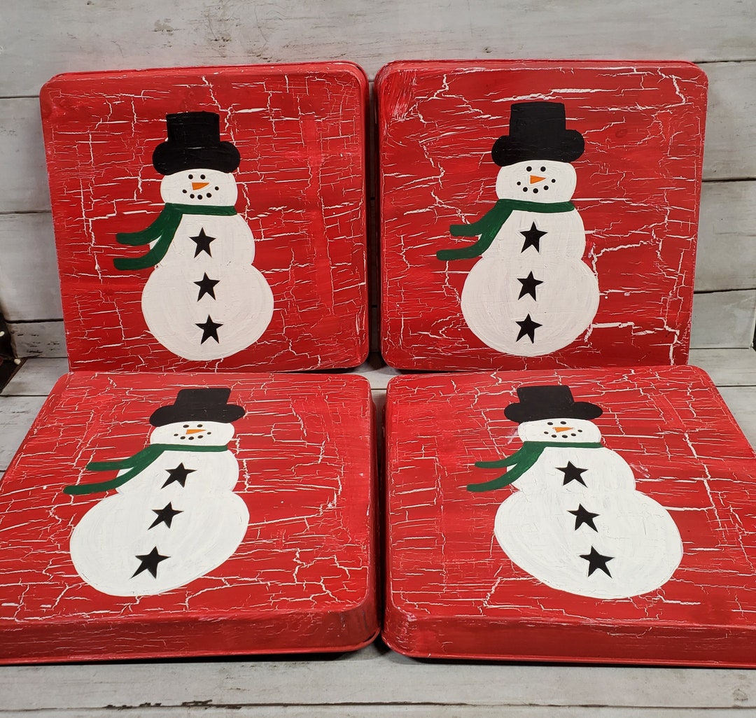 Primitive Crackle Snowman Winter Christmas Gas Stove Burner Covers, Set