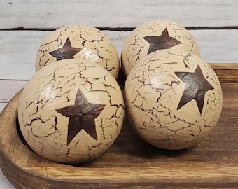 Primitive Crackle Painted Wood Balls, Set of 4 Bowl Fillers Tan w/ Brown Stars