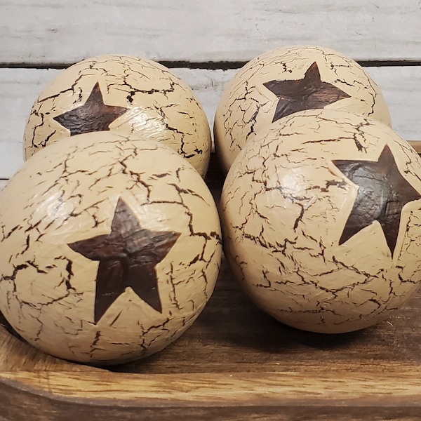 Primitive Crackle Painted Wood Balls, Set of 4 Bowl Fillers Tan w/ Brown Stars