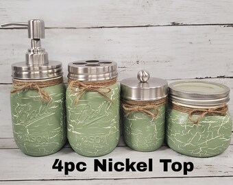 Farmhouse Crackle Painted Antique White/Choice of Color Mason Jar 4pc Bathroom Set  Beach, Country, Primitive