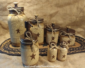 Primitive Crackle Painted with Brown Stars  Mason Jar Canister Set of 4, Soap Dispenser, Salt/Pepper Set