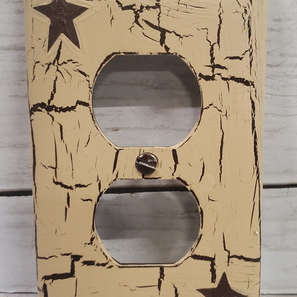 Primitive Crackle Tan with Brown Stars Hand Painted Wall Outlet/Plugin Plate