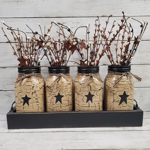 Primitive Crackle Painted Mason Jars & Wood Distressed Tray Set with Stars and Pip Berries