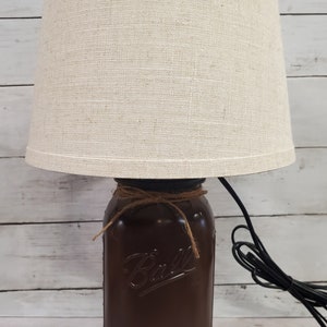Mason Jar Lamp Espresso Brown with Linen Shade Neutral, Cabin, Farmhouse
