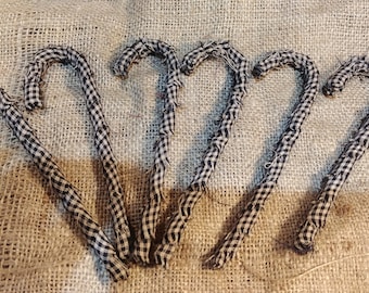 Primitive Homespun Fabric Wrapped Candy Canes Set of 6 Black/Tan Check Country Christmas