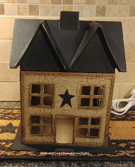Primitive Wooden Tan Saltbox House Electric Lighted Country Farmhouse Decor