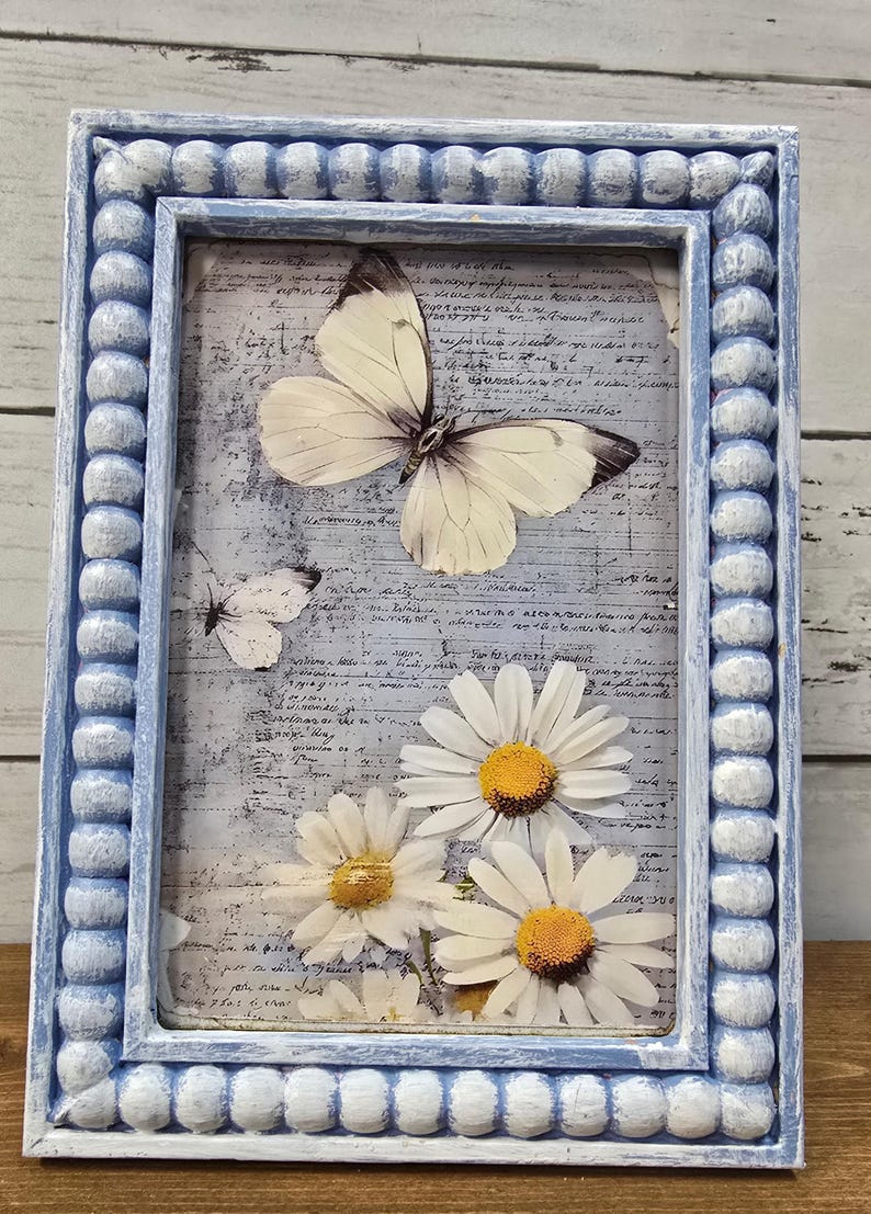 Beaded Picture Frame Blue Daisy Butterfly Print 4x6 Farmhouse|country ...