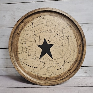 Primitive Wood Lazy Susan 14&quot; Crackle Painted Tan with Black Stars or Choice of Colors