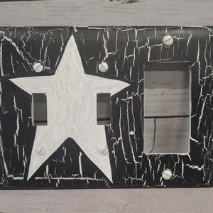 Primitive Crackle Black with White Stars Combo Plate Double Switch /GFI Hand Painted