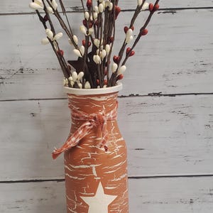 Terra Cotta Bottle Vase Crackle Painted with Cream Star and Pip Berry Farmhouse Decor