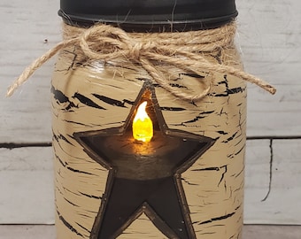 Primitive Crackle Painted Star Lighted Glass Mason Jar w/ Tea Light Your choice of Color