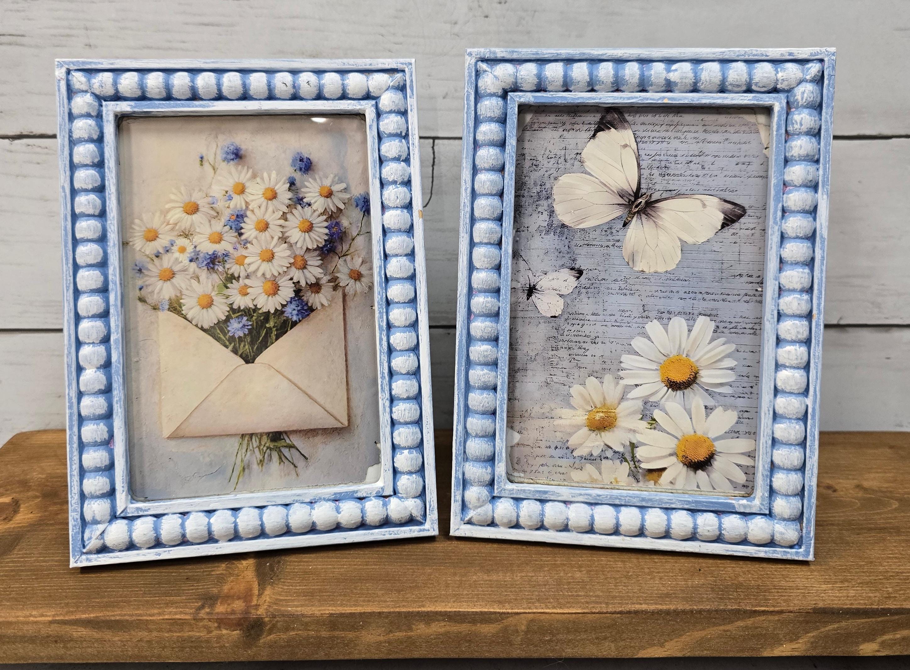 Beaded Picture Frame Blue Daisy Butterfly Print 4x6 Farmhouse|country ...