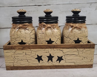 Primitive Star Mason Jars in Wood Box Crate|Farmhouse Decor|Choice of Colors