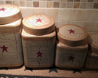 Primitive Crackle Tan with Burgundy Stars Glass Canister Set of 4  Hand Painted  Country Decor